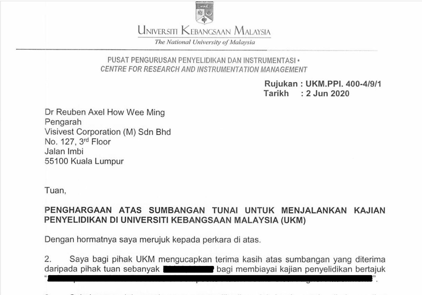 Letter of appreciation from The National University of Malaysia(UKM) : TRISTAR-Aligner Material