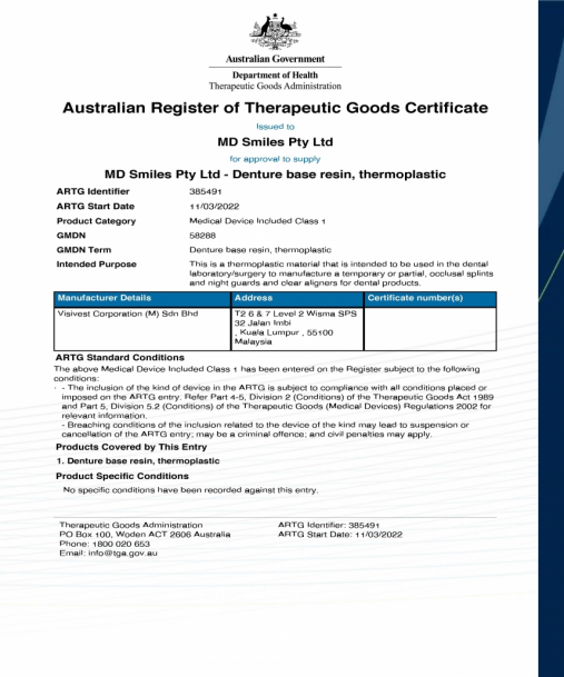 Our continuous commitment to aligner material safety: Latest certificate awarded by the Therapeutic Goods Administration, Australia : TRISTAR-Aligner Material